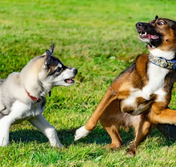 a dog playing with an aggressive husky